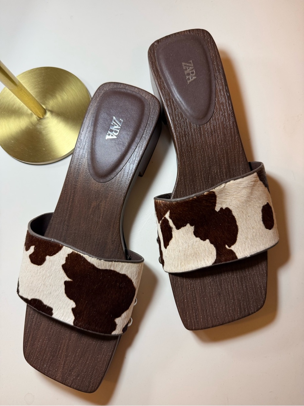Zara Cow Print Faux Fur Leather Sandals - Picture 4 of 7
